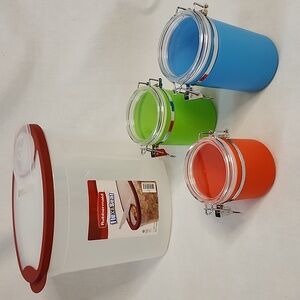3 piece Multi Colored Canisters by Avon with Rubbermaid Storage Pitcher